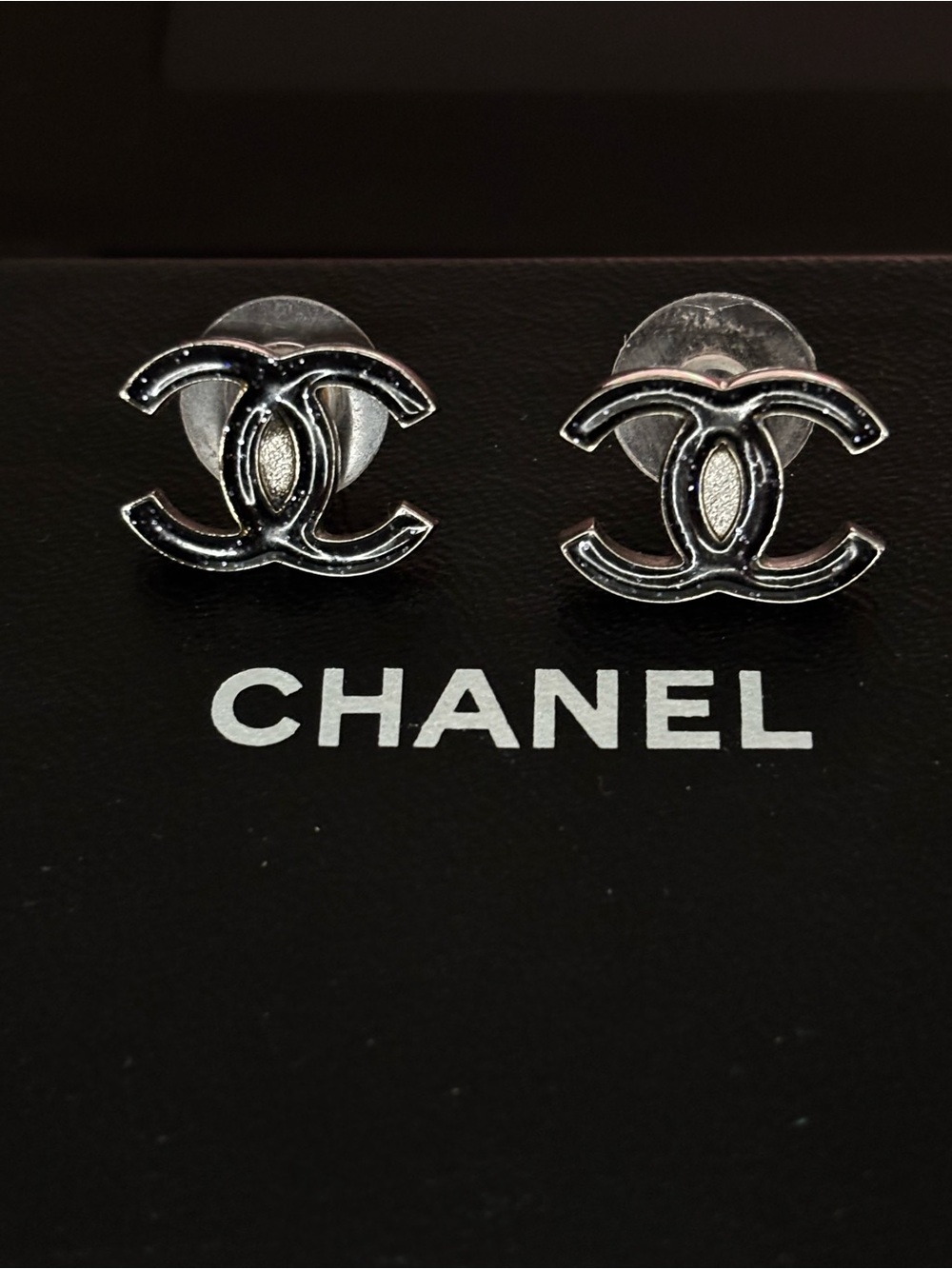 Authentic CHANEL 2007 Autumn Collection Black Enamel CC Stud Earrings